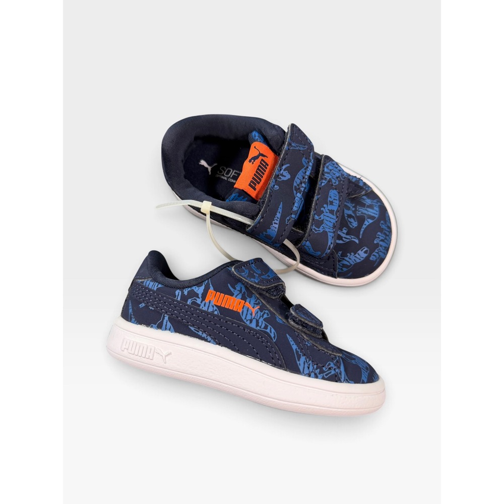 Puma Boys Smash V2 Archeo Blue Dinosaur Hook and Loop Sneaker Size 4C